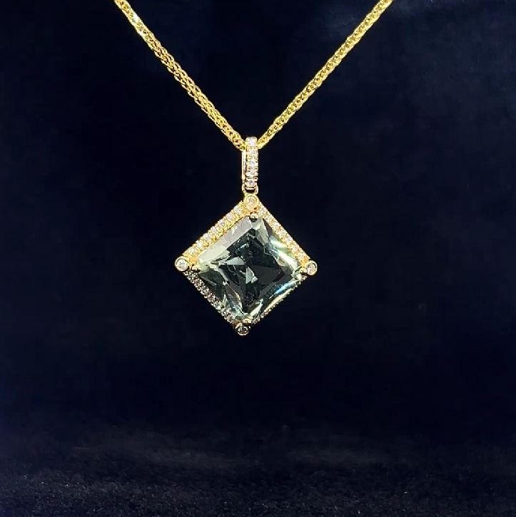 Natural Green Amethyst & Diamond Full 14K Gold Pendant 天然綠紫晶及鑽石14K金吊墜