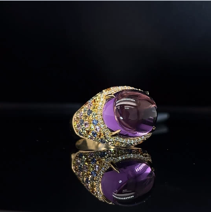 Natural Amethysh ,Colour Sapphire & Diamond 天然紫晶、彩藍寶及鑽石14K金戒指