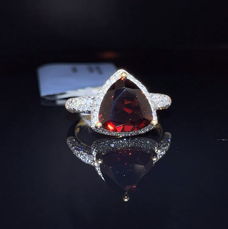 Natural Diamond & Garnet Full 14K Gold Ring 天然鑽石及石榴石純14K金戒指