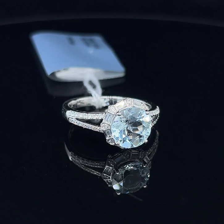 Natural Aquamarine & Diamond (0.25 ct) 14K Gold Ring 天然海藍寶及天然鑽石14K金戒指